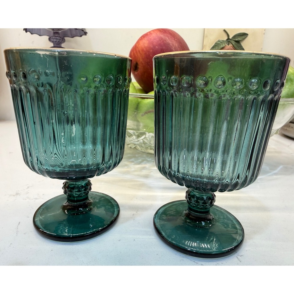 Vintage Teal Blue Ribbed Glass Goblets with Gold Rim Thumbprint Design Set of 2